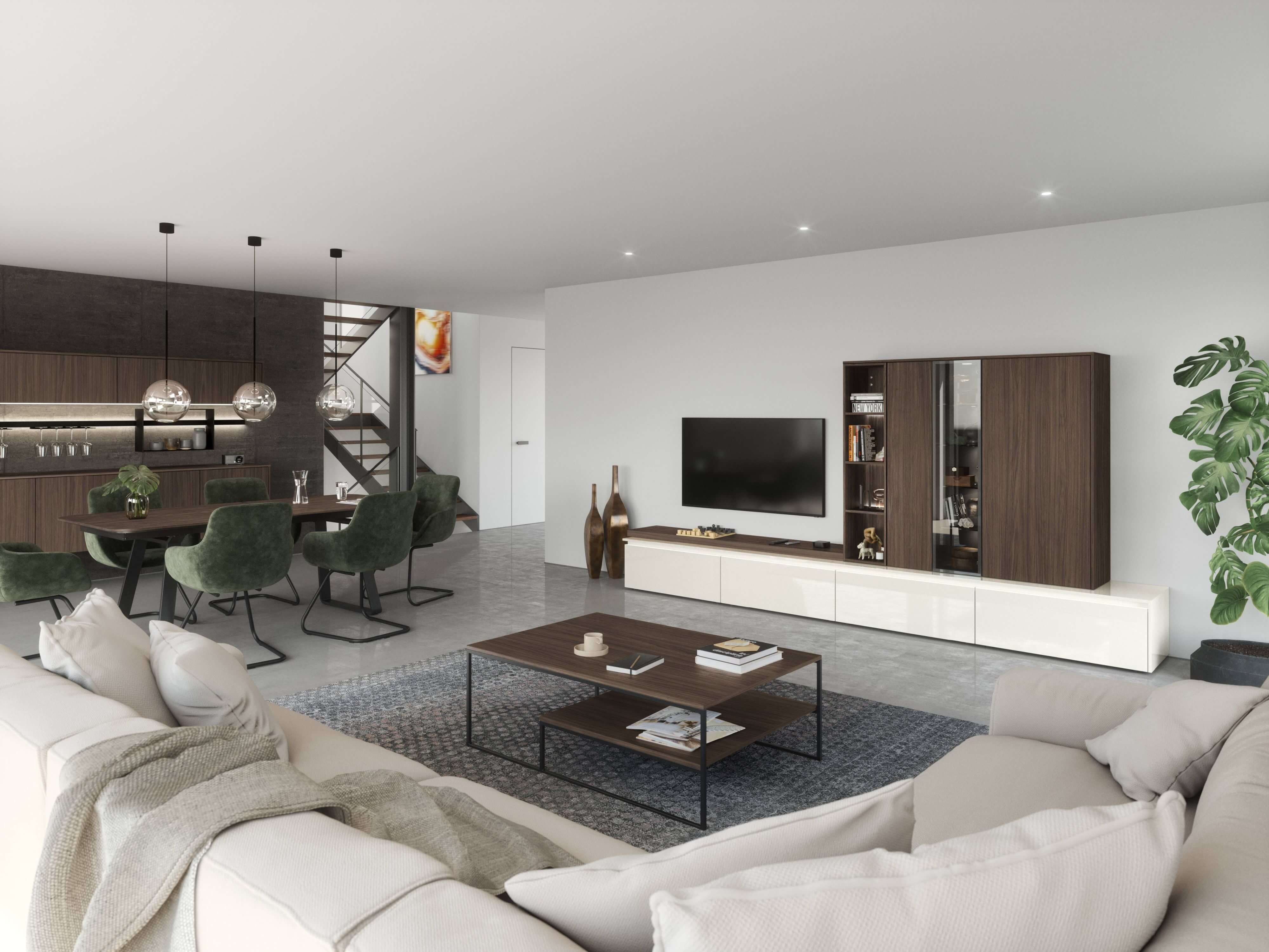 Dieser offene Wohn- Essbereich überzeugt mit eleganten Stauraumlösungen in hellen Fronten und dunklen Holzfarben, Hochwertige Materialien, warme Farbtöne und einen minimalisitsche Formsprache.