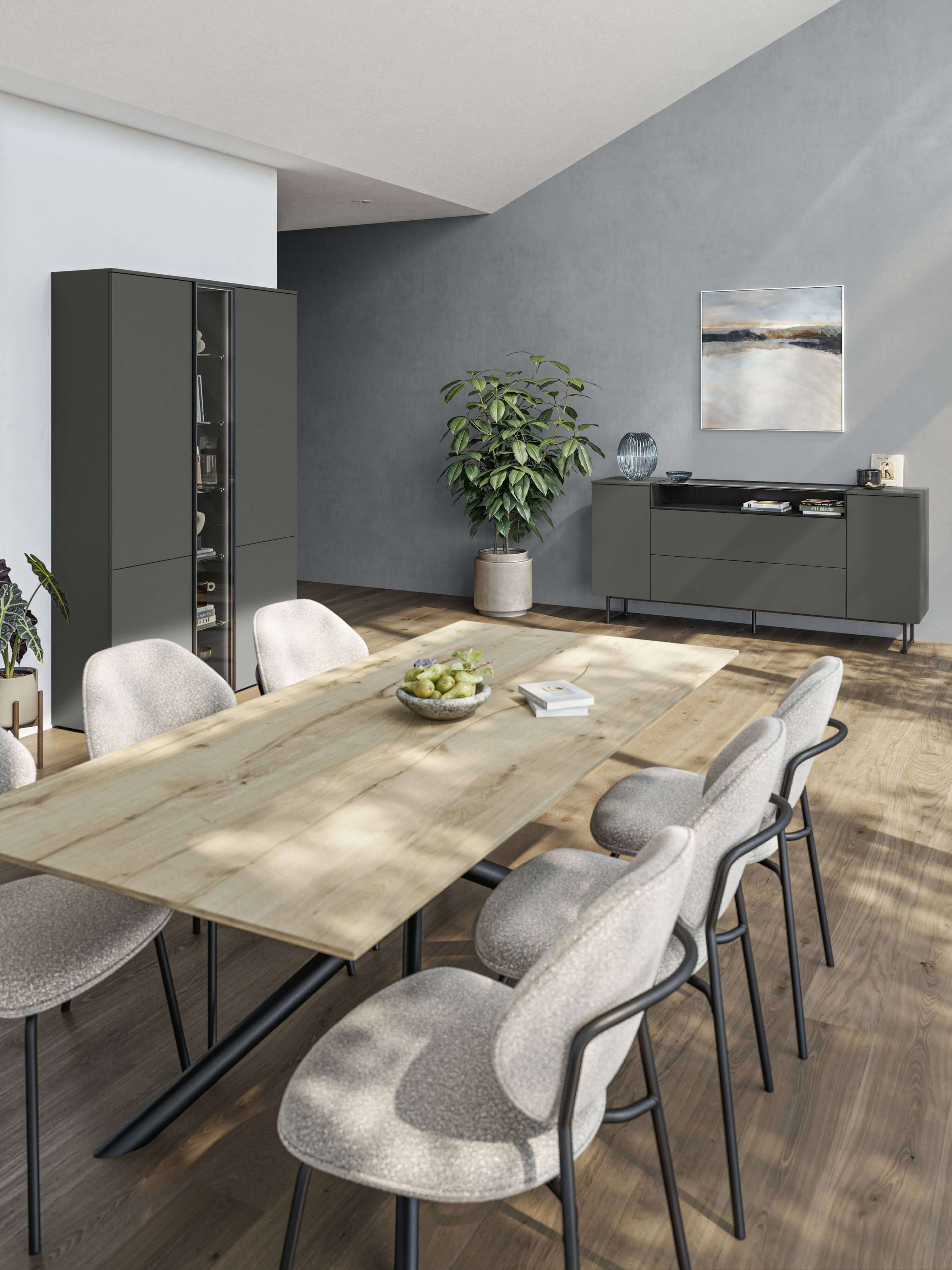 Stilvoller Essbereich mit modernem schiefergrauen Möbeln. Individuelles Möbelkonzept für stilvolle Essbereiche.