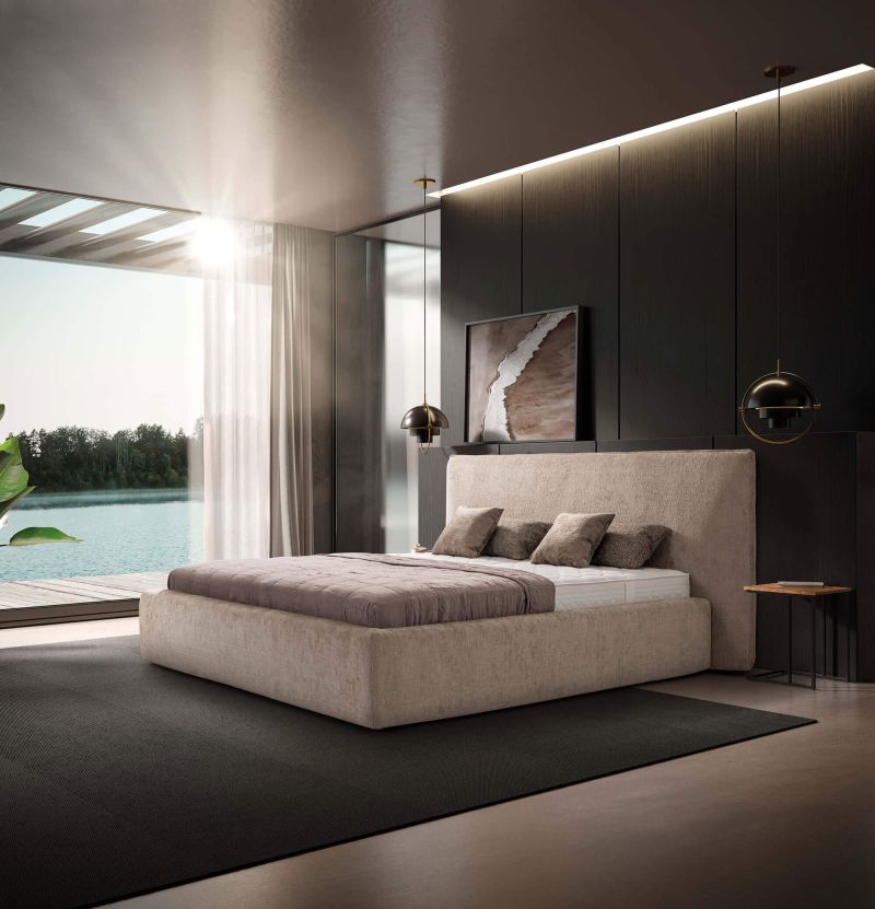 Stilvolles Schlafzimmer mit Polsterbess in Naturfarbe. Hochwertige Materialien, zeitloses Design und entspannte Atmosphäre für erholsamen Schlaf.