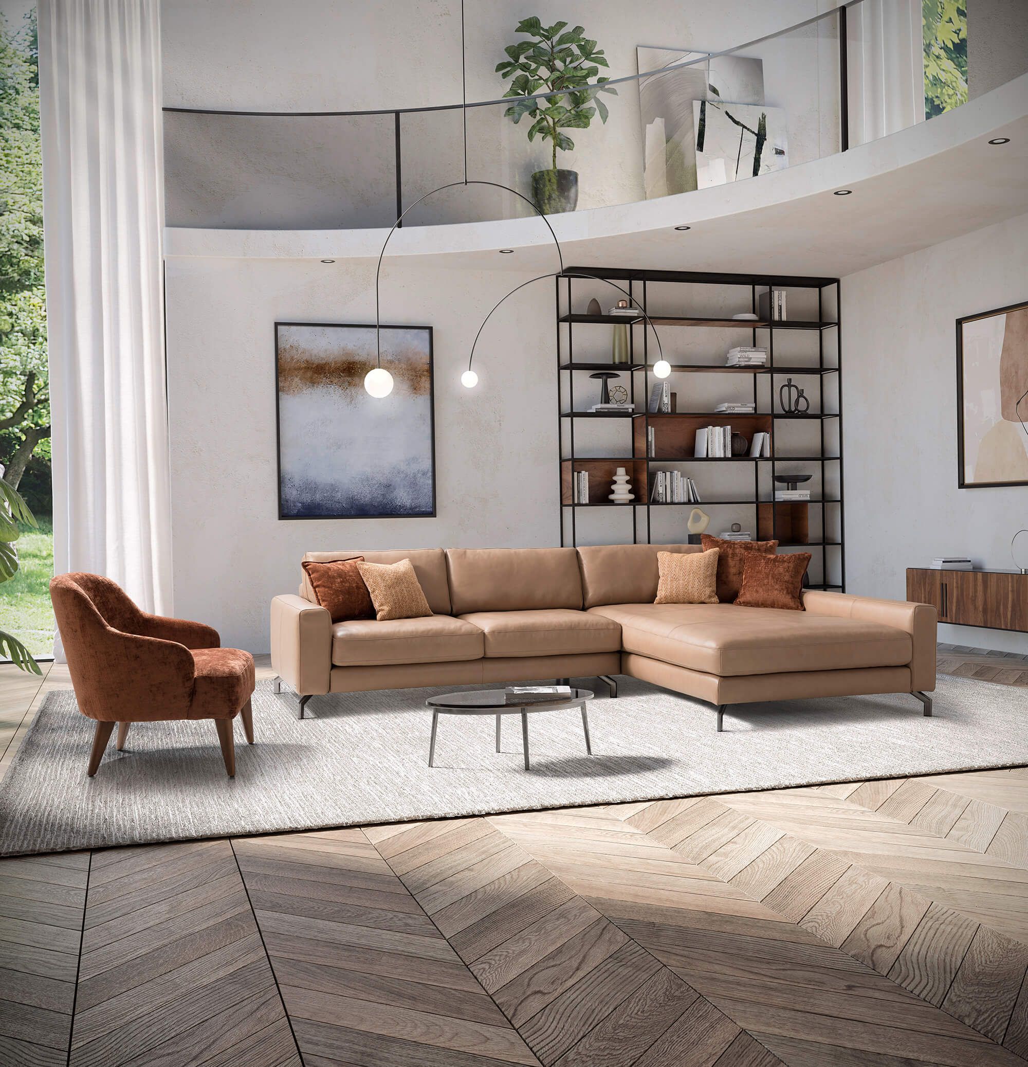 Stilvolles Wohnambiente mit Leder Ecksofa. Hochwertiges Leder, modernes Design und harmonische Kombination mit Design Sessel und Wohnmöblen für anspruchvolles Wohnen.